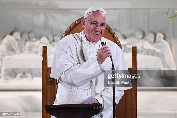 Pope Francis speaks at St. Patrick's Catholic Church September 24, 2015 in Washington, DC. The Pope is on his first trip to the United States,...