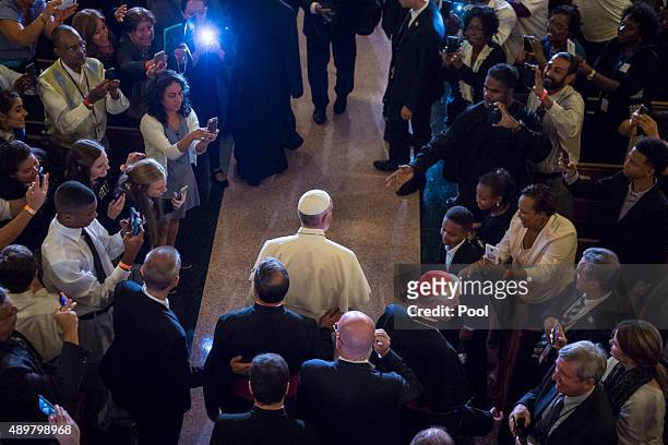 Pope Francis arrives at St. Patrick's Catholic Church September 24, 2015 in Washington, DC. The Pope is on his first trip to the United States,...