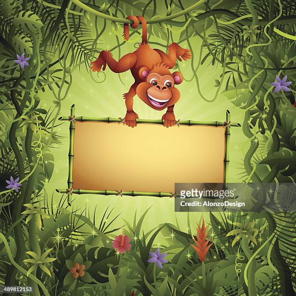 monkey with a bamboo sign - jungle tree cartoon stock illustrations