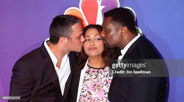 Actors Taylor Kinney, Monica Raymund and Eamonn Walker from "Chicago Fire" attends the 2014 NBC Upfront Presentation at The Jacob K. Javits...