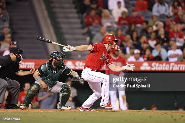 Brennan Boesch of the Los Angeles Angels bats during the game against the Oakland Athletics at Angel Stadium on Wednesday, April 16, 2014 in Anaheim,...