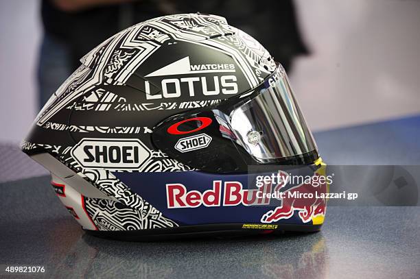 The new model of helmet of Marc Marquez of Spain and Repsol Honda Team for tomorrow during the MotoGP of Spain - Previews at Motorland Aragon Circuit...