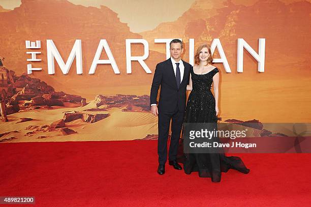 Matt Damon and Jessica Chastain attend the European premiere of "The Martian" at Odeon Leicester Square on September 24, 2015 in London, England.