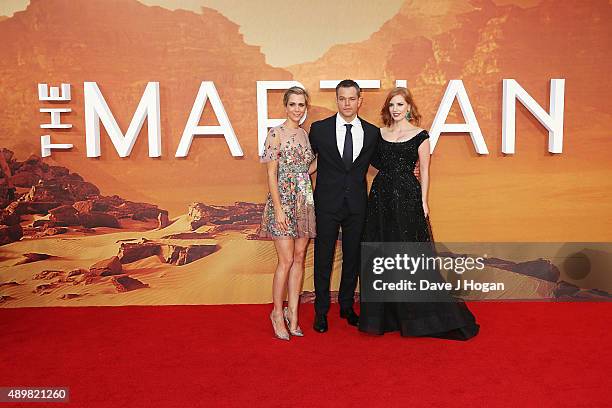 Kristen Wiig, Matt Damon and Jessica Chastain attend the European premiere of "The Martian" at Odeon Leicester Square on September 24, 2015 in...