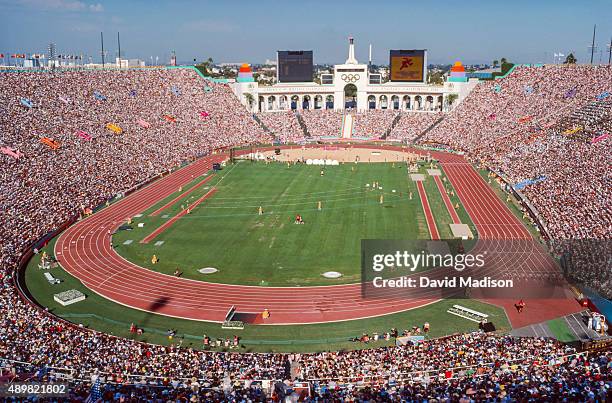 General view of the Los Angeles Memorial Coliseum stadium during the first heat of the first round of the Women's 4x100 meter relay event of the...