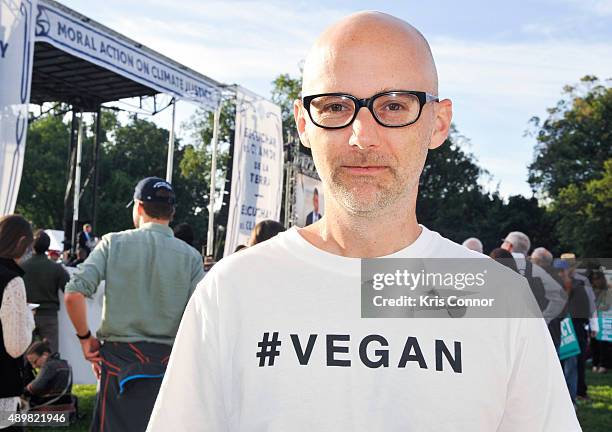 Recording artist Moby headlines a "Rally for Moral Action on Climate Justice," on the National Mall on September 24, 2015 in Washington, DC.