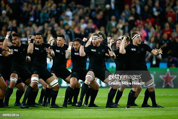The All Blacks perform the Haka during the 2015 Rugby World Cup Pool C match between New Zealand and Namibia at the Olympic Stadium on September 24,...