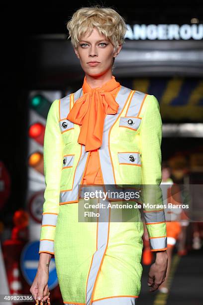 Model walks the runway during the Moschino show as a part of Milan Fashion Week Spring/Summer 2016 on September 24, 2015 in Milan, Italy.