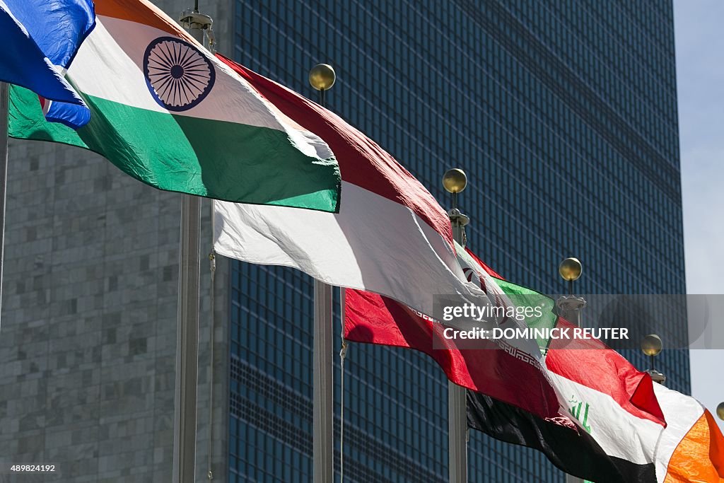 International flags fly in front of the United Nations headquarters ...