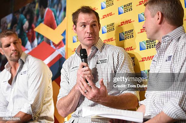 Ali Williams of New Zealand speaks during the World Rugby Sevens Series DHL Partnership Announcement on September 24, 2015 in Richmond upon Thames,...