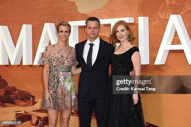 Kristen Wiig, Matt Damon and Jessica Chastain attend the European premiere of "The Martian" at Odeon Leicester Square on September 24, 2015 in...