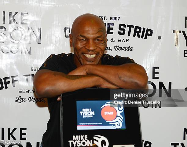 Mike Tyson during the Bitcoin Direct announcement of the first Tyson Bitcoin ATM at Off The Strip at The LINQ on September 24, 2015 in Las Vegas,...