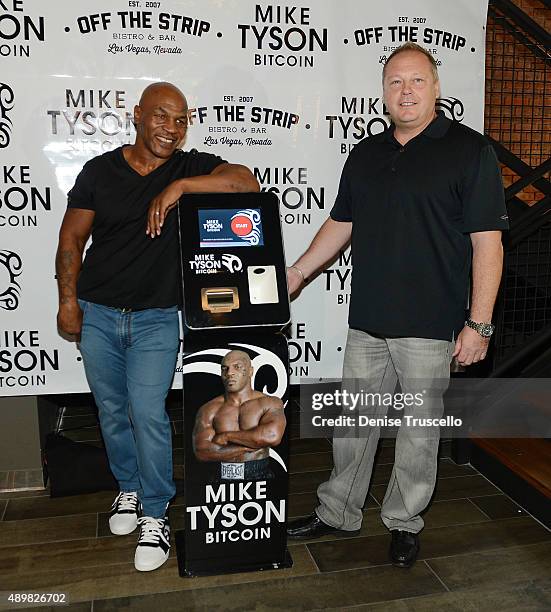 Mike Tyson and Tom Goldsbury during the Bitcoin Direct announcement of the first Tyson Bitcoin ATM at Off The Strip at The LINQ on September 24, 2015...