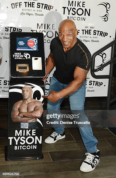 Mike Tyson during the Bitcoin Direct announcement of the first Tyson Bitcoin ATM at Off The Strip at The LINQ on September 24, 2015 in Las Vegas,...