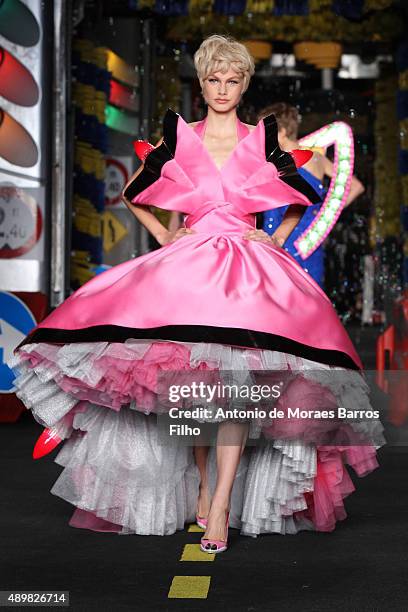 Model walks the runway during the Moschino show as a part of Milan Fashion Week Spring/Summer 2016 on September 24, 2015 in Milan, Italy.