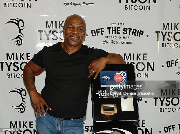 Mike Tyson during the Bitcoin Direct announcement of the first Tyson Bitcoin ATM at Off The Strip at The LINQ on September 24, 2015 in Las Vegas,...