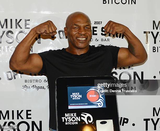 Mike Tyson during the Bitcoin Direct announcement of the first Tyson Bitcoin ATM at Off The Strip at The LINQ on September 24, 2015 in Las Vegas,...