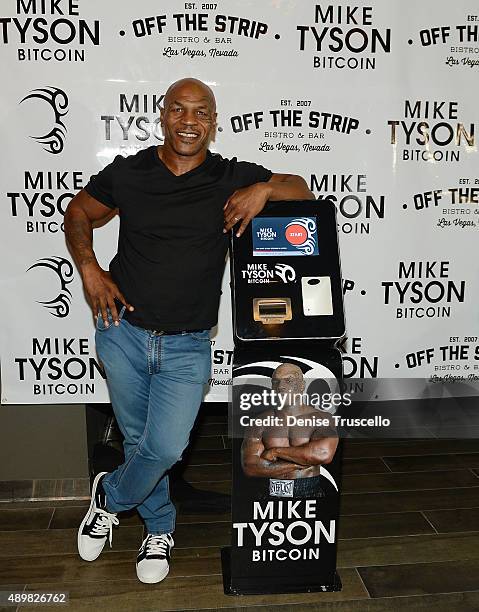 Mike Tyson during the Bitcoin Direct announcement of the first Tyson Bitcoin ATM at Off The Strip at The LINQ on September 24, 2015 in Las Vegas,...