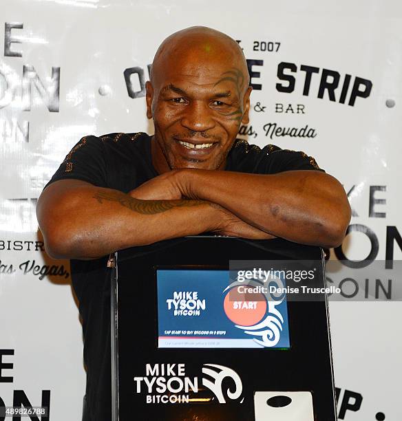 Mike Tyson during the Bitcoin Direct announcement of the first Tyson Bitcoin ATM at Off The Strip at The LINQ on September 24, 2015 in Las Vegas,...