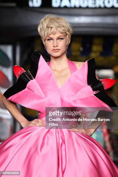 Model walks the runway during the Moschino show as a part of Milan Fashion Week Spring/Summer 2016 on September 24, 2015 in Milan, Italy.