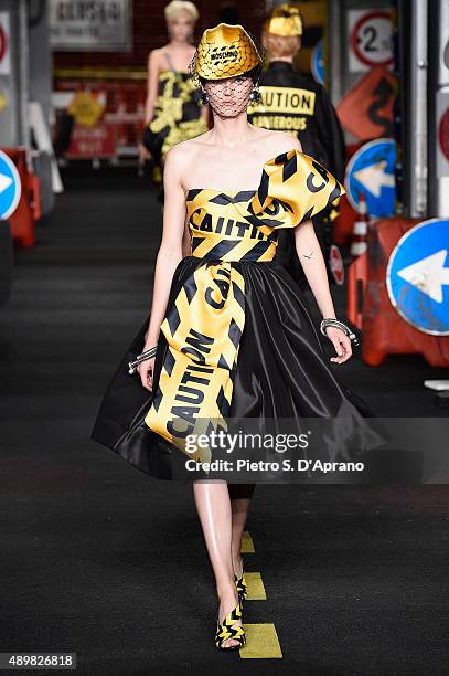 Model walks the runway during the Moschino fashion show as part of Milan Fashion Week Spring/Summer 2016 on September 24, 2015 in Milan, Italy.