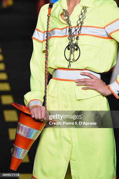 Model walks the runway, detail, during the Moschino fashion show as part of Milan Fashion Week Spring/Summer 2016 on September 24, 2015 in Milan,...