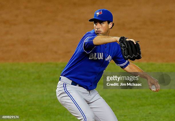 Jeff Francis of the Toronto Blue Jays in action against the New York Yankees at Yankee Stadium on September 12, 2015 in the Bronx borough of New York...