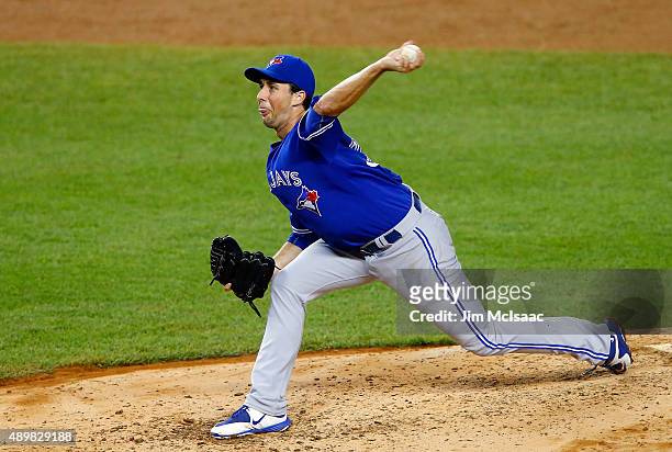 Jeff Francis of the Toronto Blue Jays in action against the New York Yankees at Yankee Stadium on September 12, 2015 in the Bronx borough of New York...