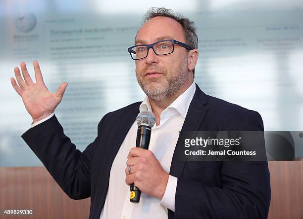 Founder of wikipedia Jimmy Wales speaks at the premiere of Global Goals 60 second Cinema Ad at the United Nations on September 24, 2015 in New York...