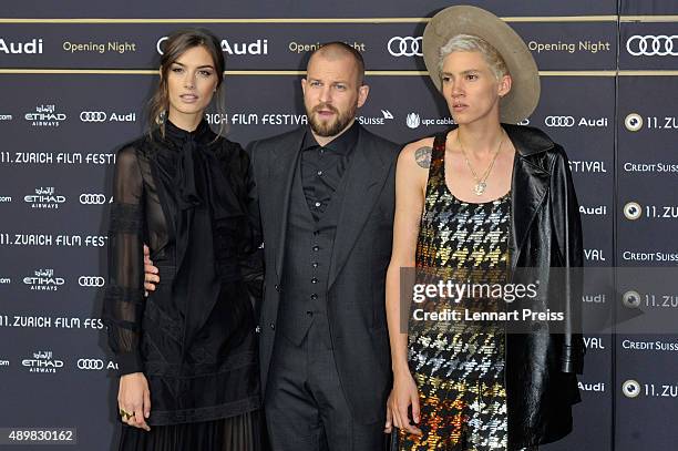 Model Ronja Furrer, musician Stress and model Tamy Glauser attend the 'The Man Who Knew Infinity' Premiere And Opening Ceremony during the Zurich...