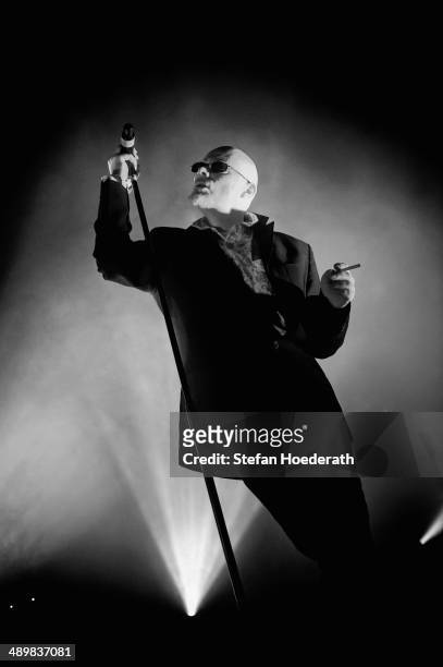 Singer Andrew Eldritch of British group The Sisters Of Mercy performs live during a concert at Columbiahalle on May 12, 2014 in Berlin, Germany.