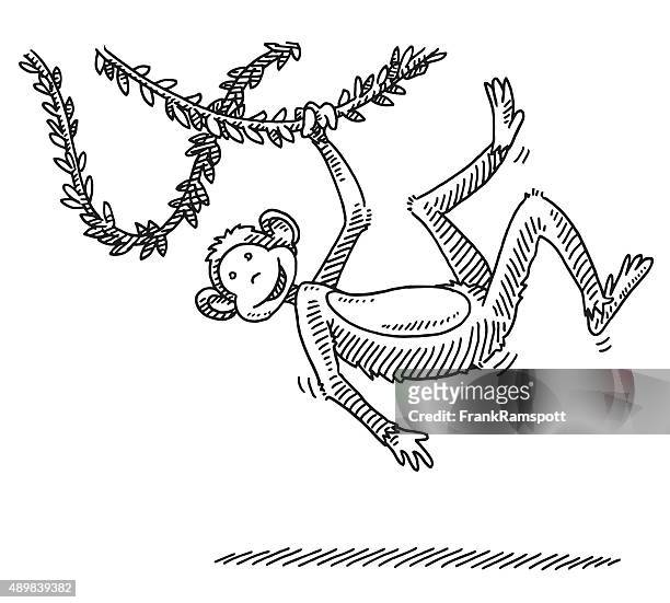 swinging cartoon monkey drawing - zoo animals black and white clip art stock illustrations