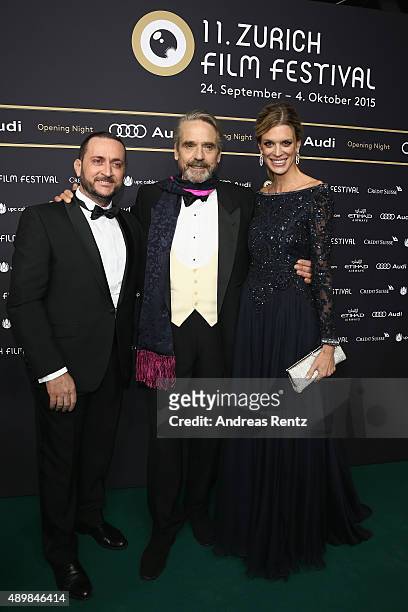 Actor Jeremy Irons and Festival Director Nadja Schildknecht attend the 'The Man Who Knew Infinity' Premiere And Opening Ceremony during the Zurich...