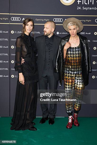 Model Ronja Furrer, musician Stress and model Tamy Glauser attend the Zurich Film Festival on September 24, 2015 in Zurich, Switzerland. The 11th...