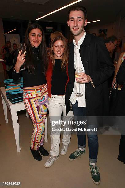 Magdalena Poppy Moursy, Isobel Salter and Hugo Wheeler at Huxley And Cox / Nina Naustdal Pop-Up Boutique on the Kings road on September 24, 2015 in...