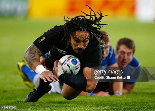 Ma'a Nonu of the New Zealand All Blacks goes to ground after a tackle during the 2015 Rugby World Cup Pool C match between New Zealand and Namibia at...