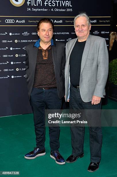 Actor Beat Schlatter and a guest attend the 'The Man Who Knew Infinity' Premiere And Opening Ceremony during the Zurich Film Festival on September...