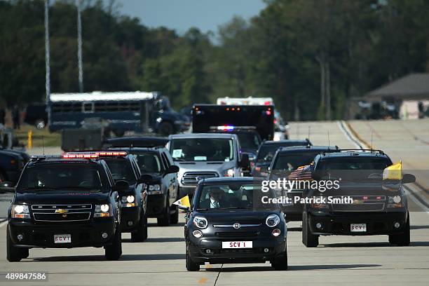 Pope Francis arrives in a Fiat for his departure from Washington, DC en route to New York City on September 24, 2015 in Joint Base Andrews,...