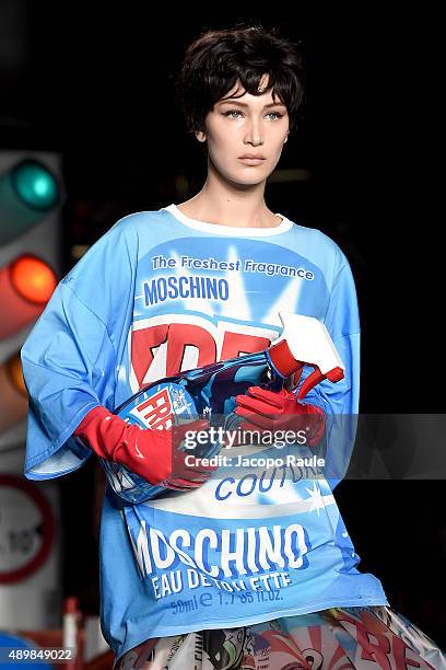 Bella Hadid walks the runway during the Moschino fashion show as part of Milan Fashion Week Spring/Summer 2016 on September 24, 2015 in Milan, Italy.