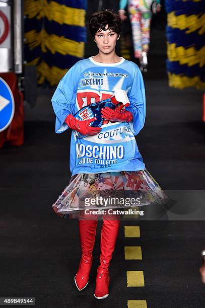 Model walks the runway at the Moschino Spring Summer 2016 fashion show during Milan Fashion Week on September 24, 2015 in Milan, Italy.