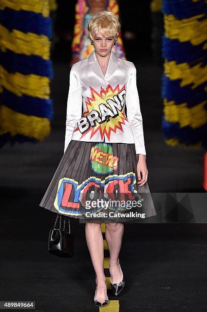 Model walks the runway at the Moschino Spring Summer 2016 fashion show during Milan Fashion Week on September 24, 2015 in Milan, Italy.