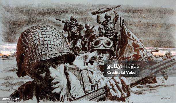 Drawing for the US Army 'Stars and Stripes' newspaper depicting American troops in the pre-dawn attack on Omaha Beach during the D-Day landings on...