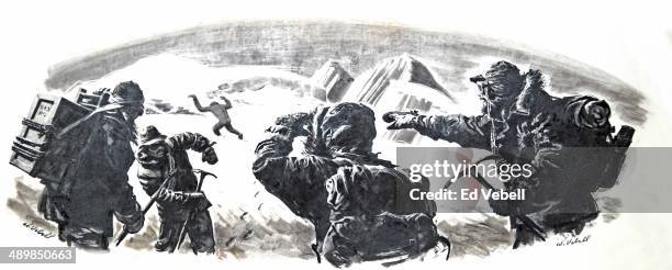 Drawing of mountain climbers in the Himalayas spotting an Abominable Snowman or Yeti in the distance circa 1950 in Nepal.