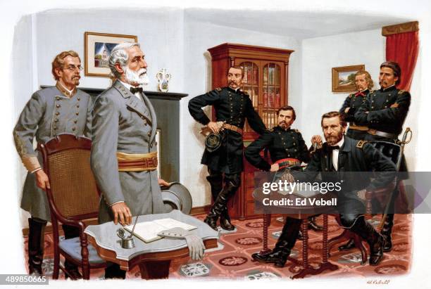 Painting depicting General Robert E. Lee surrendering his Army of Northern Virginia to Union Army General Ulysses S. Grant in the parlour of the...
