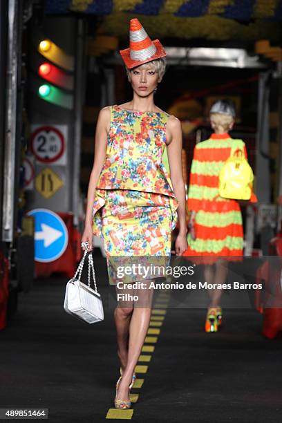 Model walks the runway during the Moschino show as a part of Milan Fashion Week Spring/Summer 2016 on September 24, 2015 in Milan, Italy.