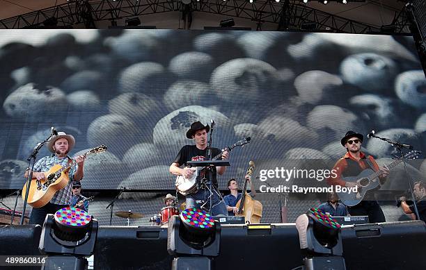 Musicians Critter Fuqua, Ketch Secor and Chance McCoy from Old Crow Medicine Show performs at FirstMerit Bank Pavilion at Northerly Island during...
