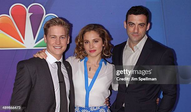 Actors Gavin Stenhouse, Margarita Levieva and Morgan Spector from "Allegiance" attend the 2014 NBC Upfront Presentation at The Jacob K. Javits...