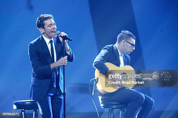 Nate Ruess and Jack Antonoff of Fun perform at The Robin Hood Foundation's 2014 Benefit at Jacob Javitz Center on May 12, 2014 in New York City.