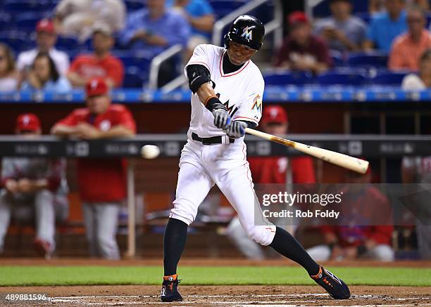 Ichiro Suzuki of the Miami Marlins bats during the first inning of the game against the Philadelphia Phillies at Marlins Park on September 24, 2015...