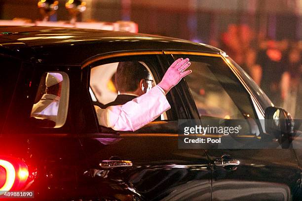 Pope Francis leaves St. Patrick's Cathedral in a Fiat 500L on September 24, 2015 in New York City. The pope is on a six-day visit to the U.S., with...